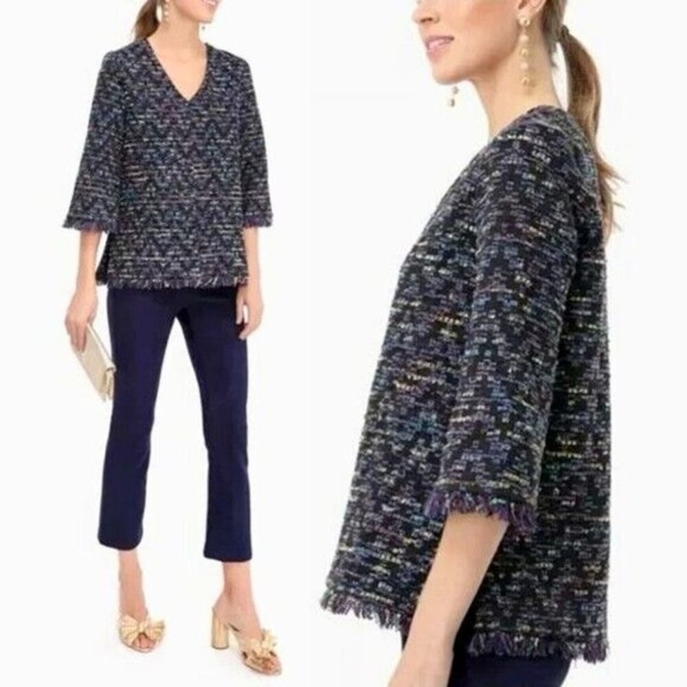 Tuckernuck Navy Multicolor Tweed V-Neck Fringe Top